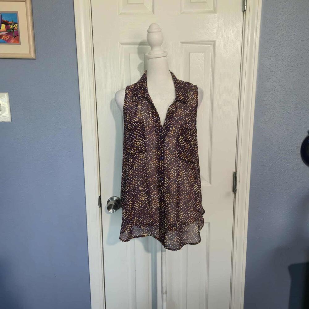 NWOT Decree Women L Sleeveless Sheer Purple Geometric Print Blouse Fall Western